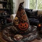 Cottage Of Shadows quilted witch hat, all-over print on cone and brim