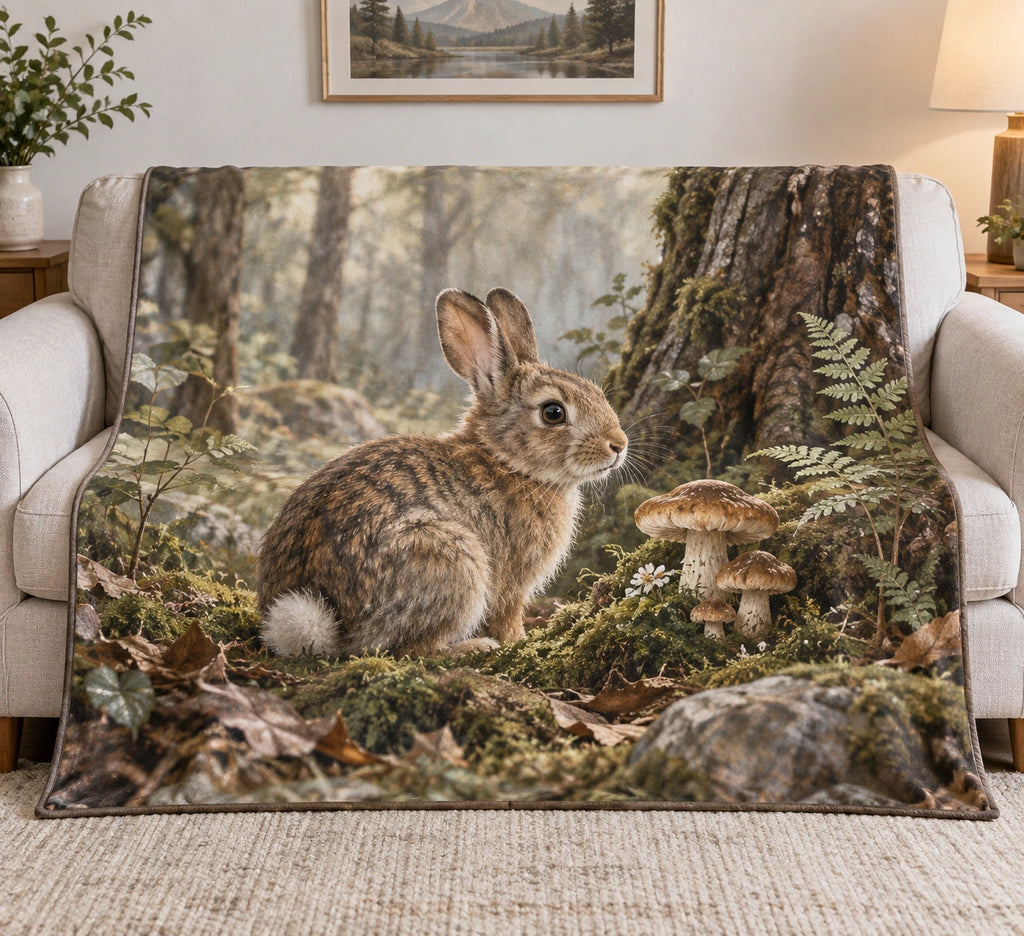 Cottontail Rabbit Mushroom Hollow Fleece Blanket with printed dimensional artwork