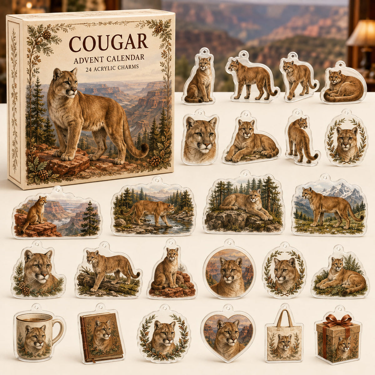 Cougar advent calendar box with 24 themed flat printed acrylic charms