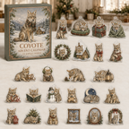 Coyote advent calendar box and full set of 24 illustrated acrylic charms on a light tabletop