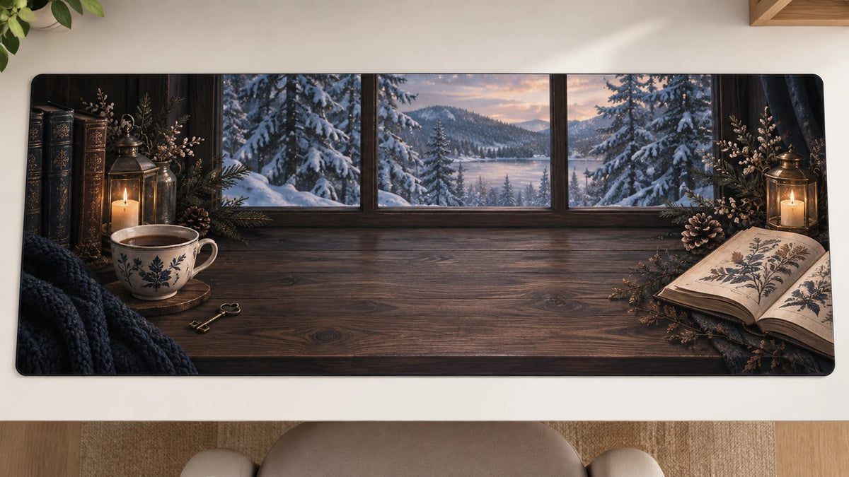 Cozy Mystery Winter Reading Desk Mat with original printed depth artwork on a thin desk mat