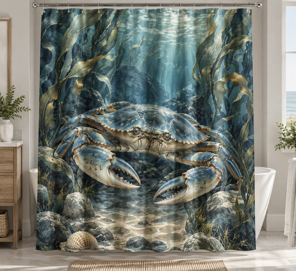 Crab Kelp Garden Shower Curtain with printed dimensional artwork