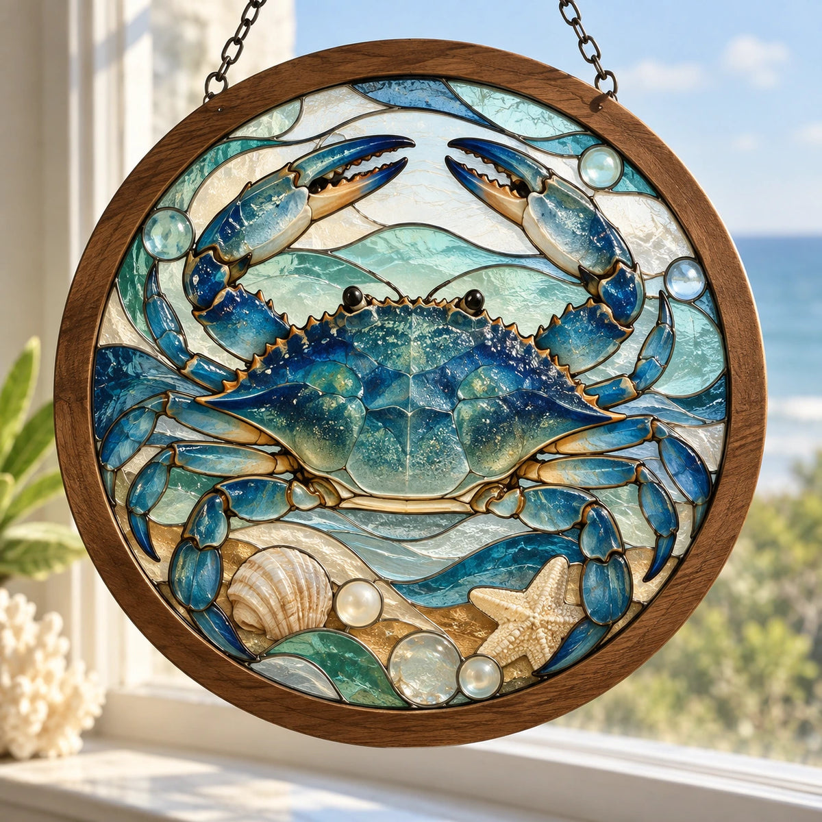 Crab Sea Glass Mosaic Wood & Acrylic Suncatcher with printed dimensional artwork