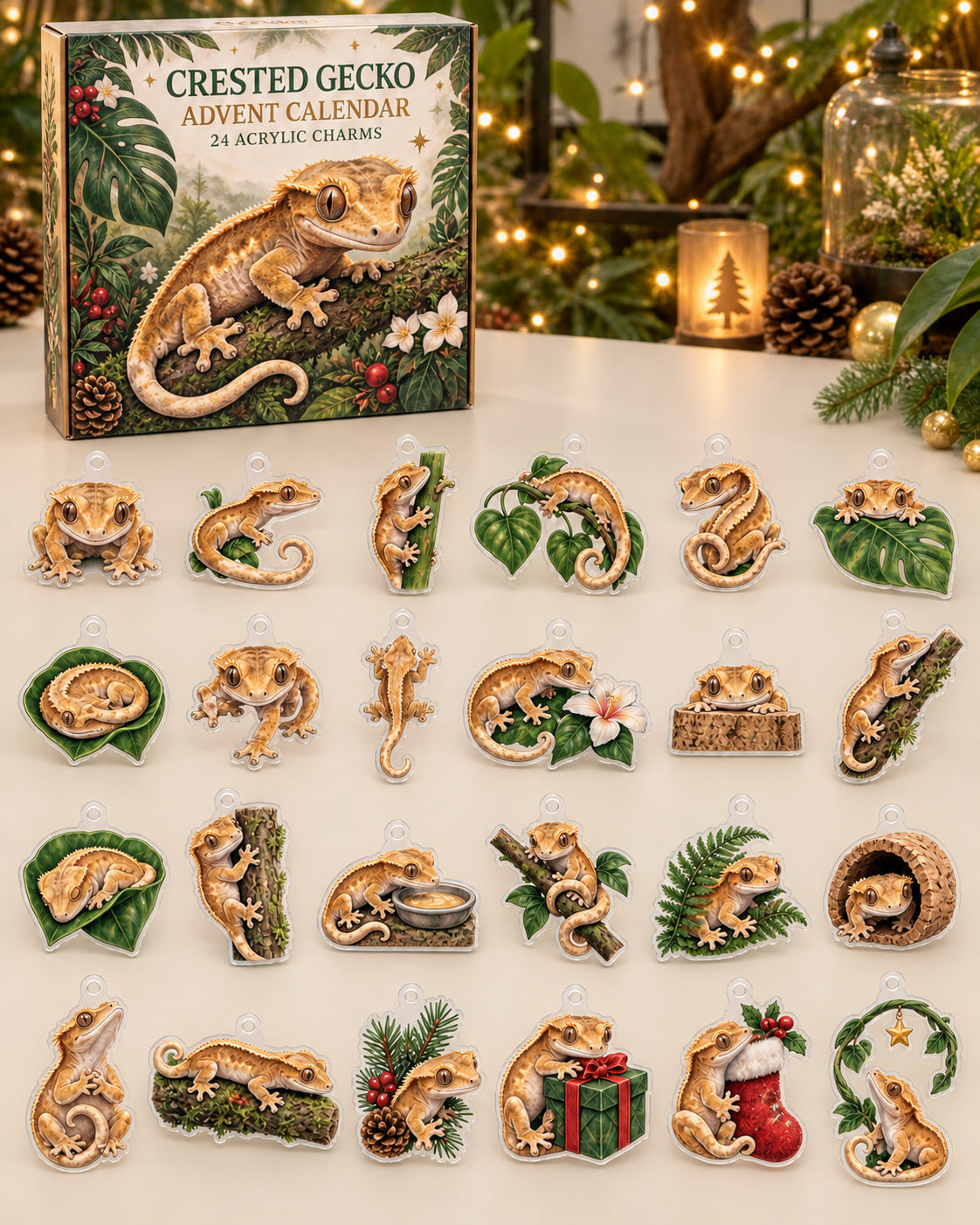 Crested Gecko advent calendar with 24 custom-shaped flat acrylic charms and printed dimensional artwork