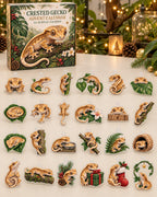 Crested Gecko advent calendar with 24 custom-shaped flat acrylic charms and printed dimensional artwork