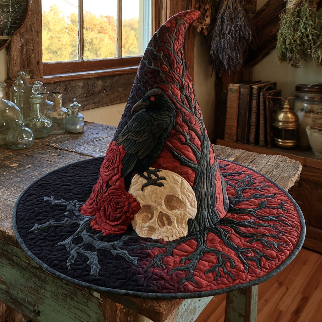 Crimson Raven quilted witch hat, all-over print on cone and brim