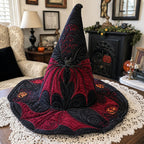 Crimson Widow quilted witch hat, all-over print on cone and brim
