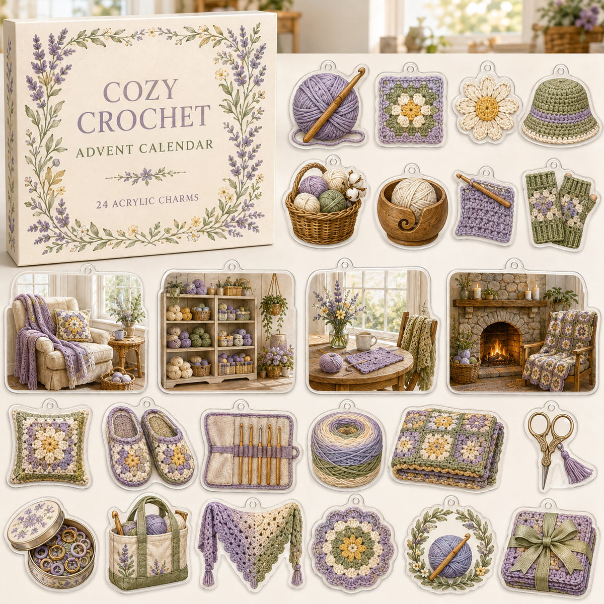 Crochet advent calendar box with 24 decorative printed acrylic craft charms