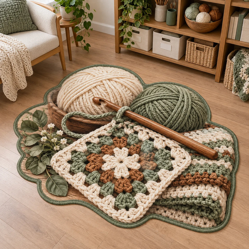 Full custom outline with sage binding around yarn balls, a crochet hook and granny-square work, in a craft room.