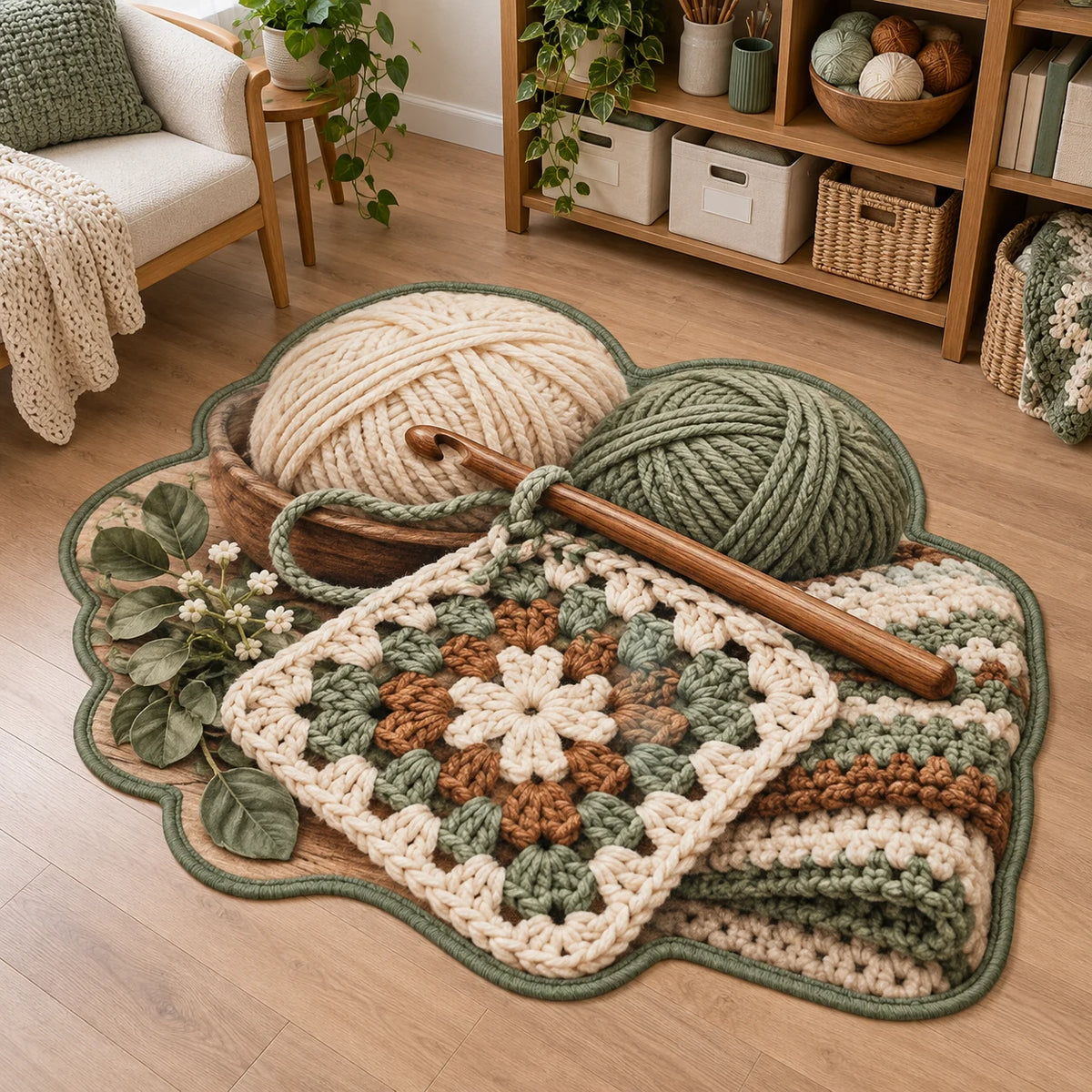 Full custom outline with sage binding around yarn balls, a crochet hook and granny-square work, in a craft room.