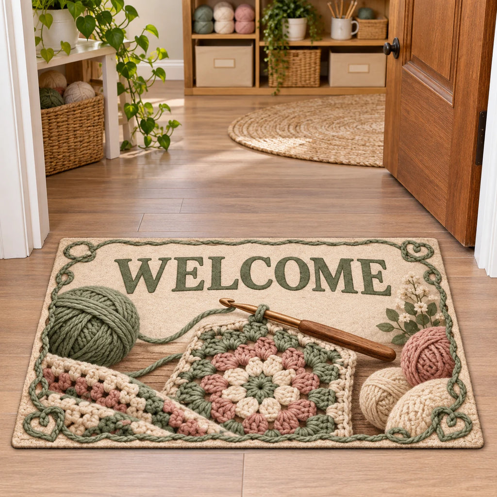 Full doormat with correct WELCOME, sage yarn-loop border and a crochet square with connected hook and yarn.
