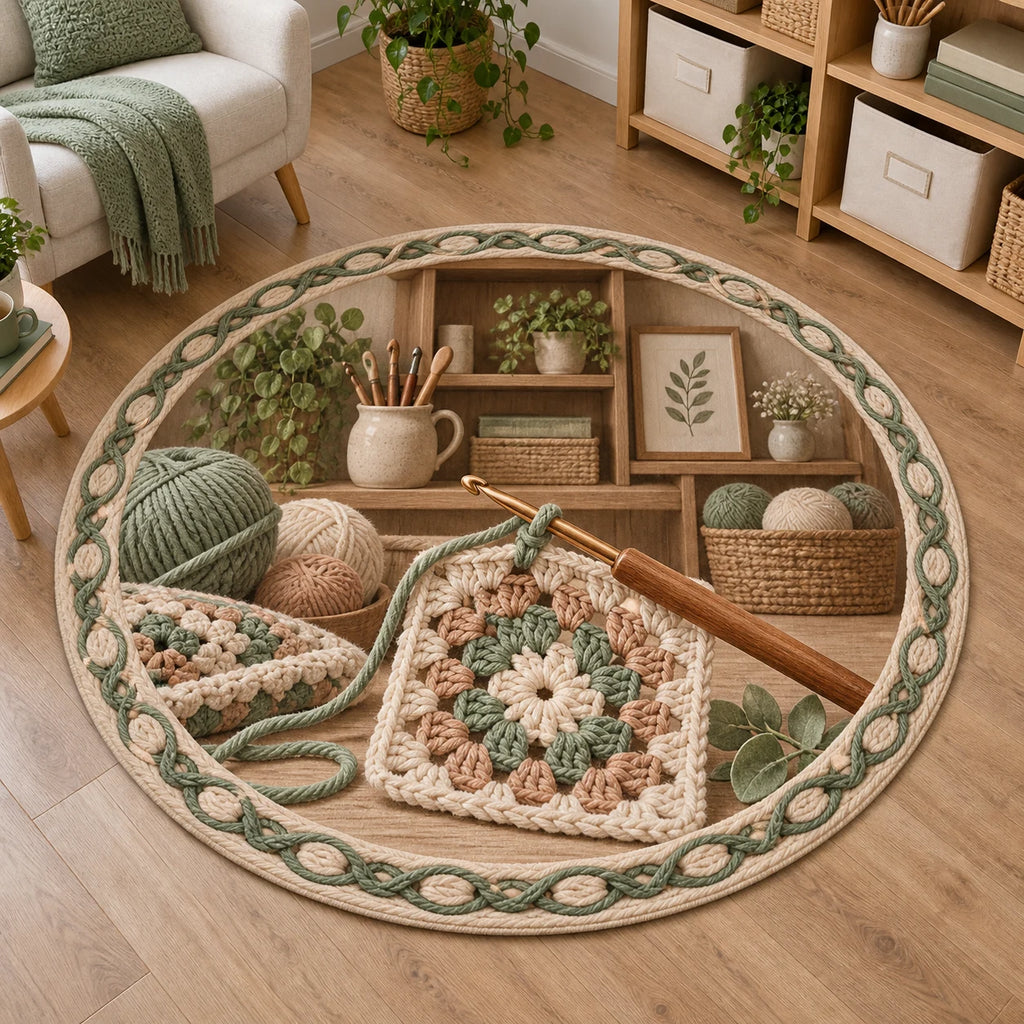 Complete round rug with cream and sage yarn-loop ring, crochet hook, granny square and recessed shelves.
