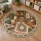 Complete round rug with cream and sage yarn-loop ring, crochet hook, granny square and recessed shelves.