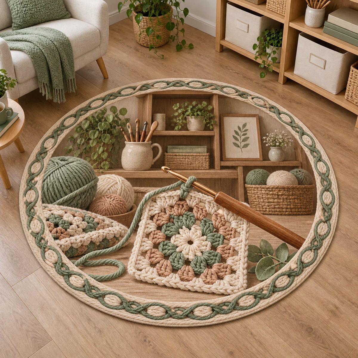 Complete round rug with cream and sage yarn-loop ring, crochet hook, granny square and recessed shelves.