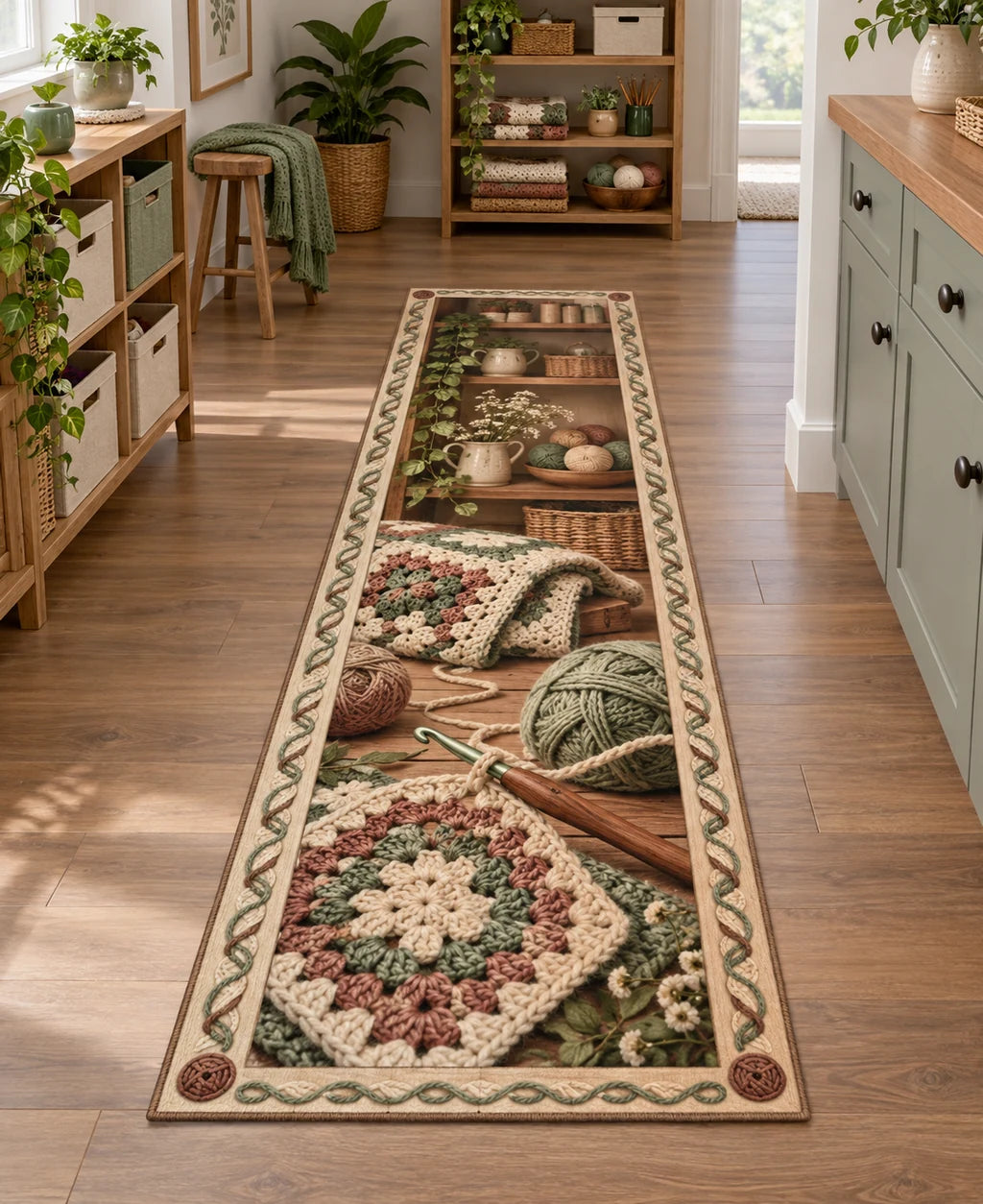 Full runner with interwoven yarn border, foreground crochet square and hook, shelves receding along its length.