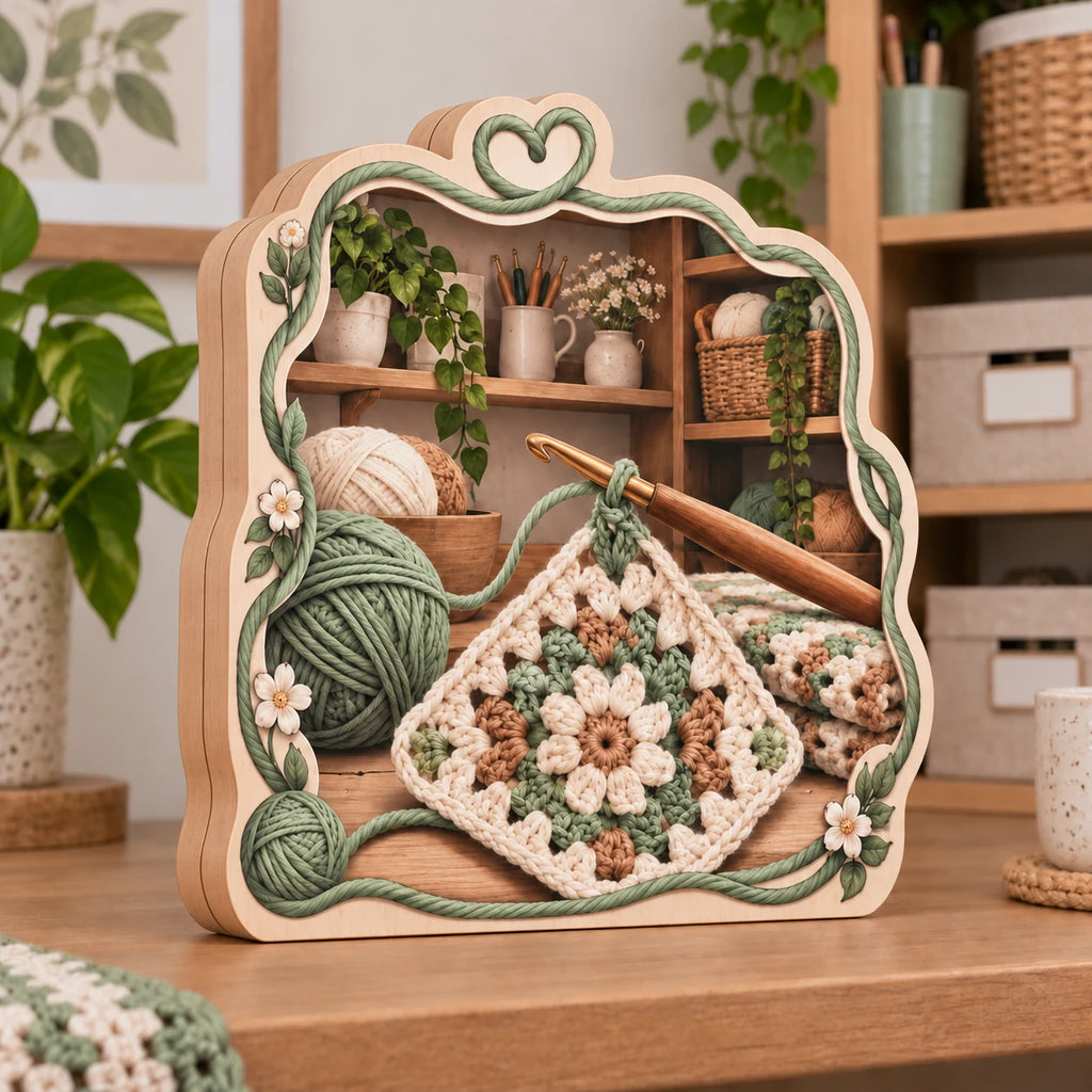 Three front-to-back full-height wood panels with two contour-following side joins, continuous crochet print and yarn-heart floral border.