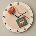 Crochet Granny Square Wooden Wall Clock with printed yarn, hook and granny-square depth