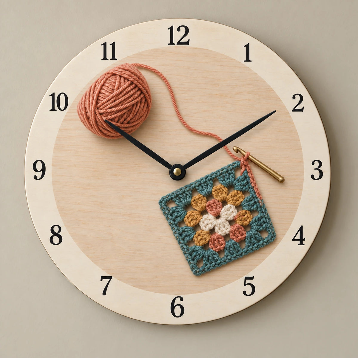 Crochet Granny Square Wooden Wall Clock with printed yarn, hook and granny-square depth