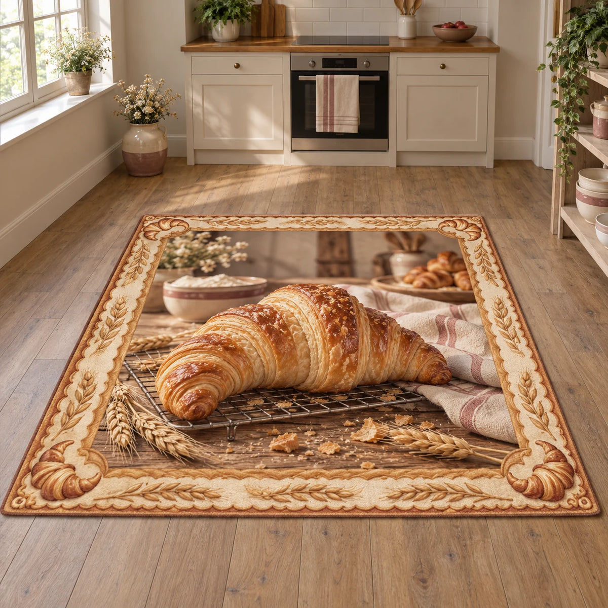 Croissant area rug with golden laminated pastry on cooling rack, striped linen, wheat accents and cozy baking kitchen.