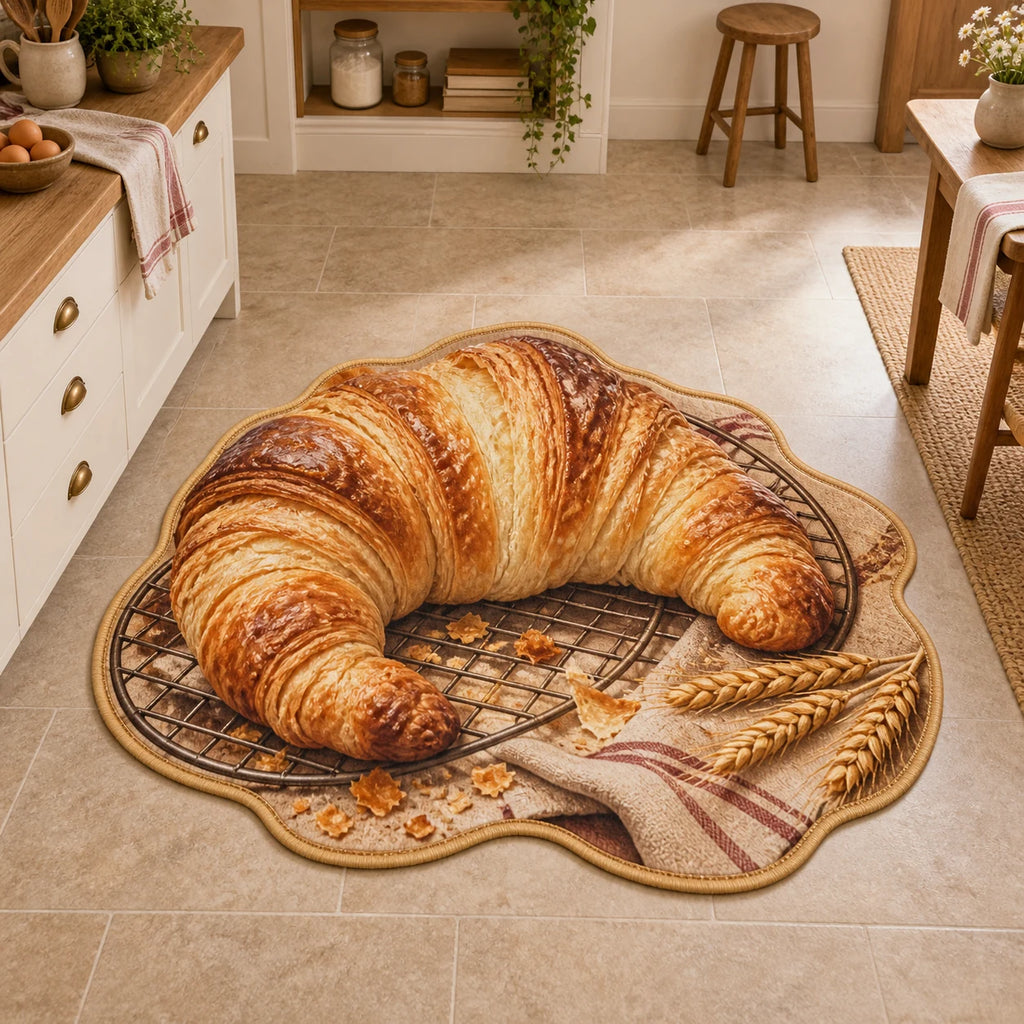 Croissant custom shape area rug with golden laminated pastry on cooling rack, striped linen, wheat accents and cozy baking kitchen.