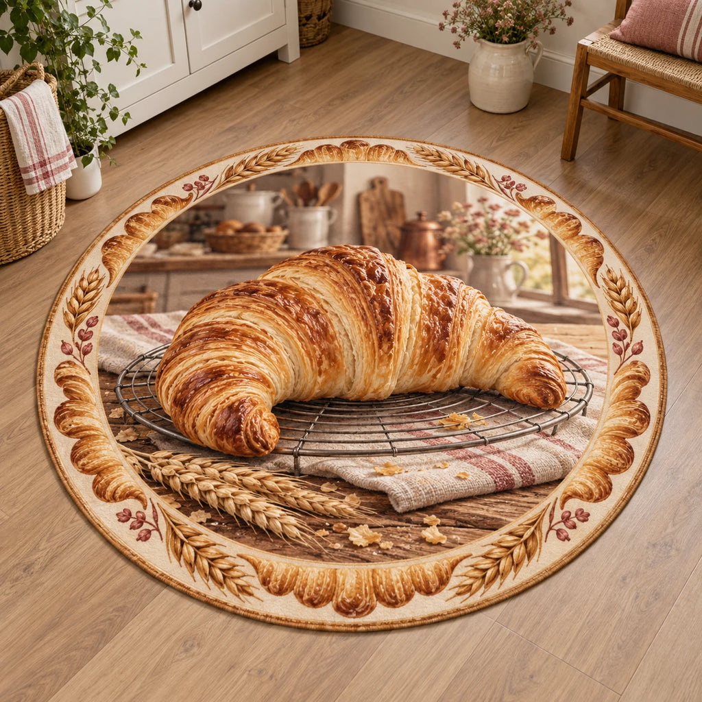 Croissant round mat rug with golden laminated pastry on cooling rack, striped linen, wheat accents and cozy baking kitchen.