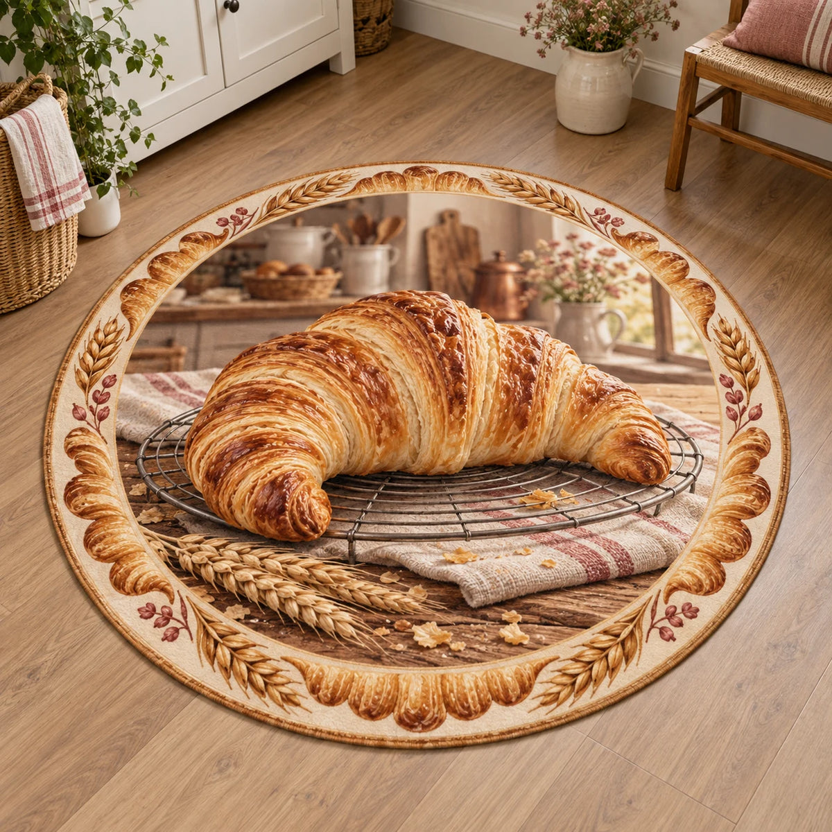Croissant round mat rug with golden laminated pastry on cooling rack, striped linen, wheat accents and cozy baking kitchen.