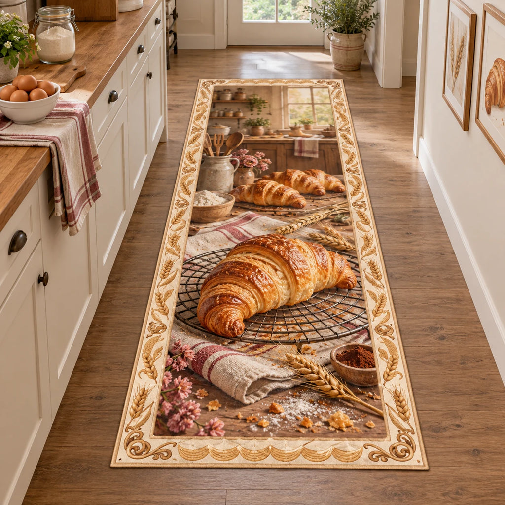 Croissant runner rug with golden laminated pastry on cooling rack, striped linen, wheat accents and cozy baking kitchen.