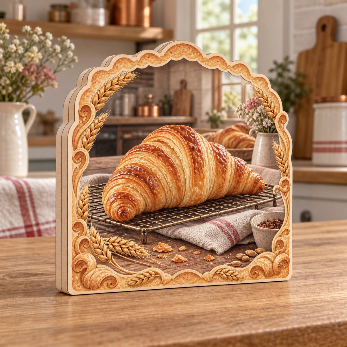 Croissant wooden block with golden laminated pastry on cooling rack, striped linen, wheat accents and cozy baking kitchen.