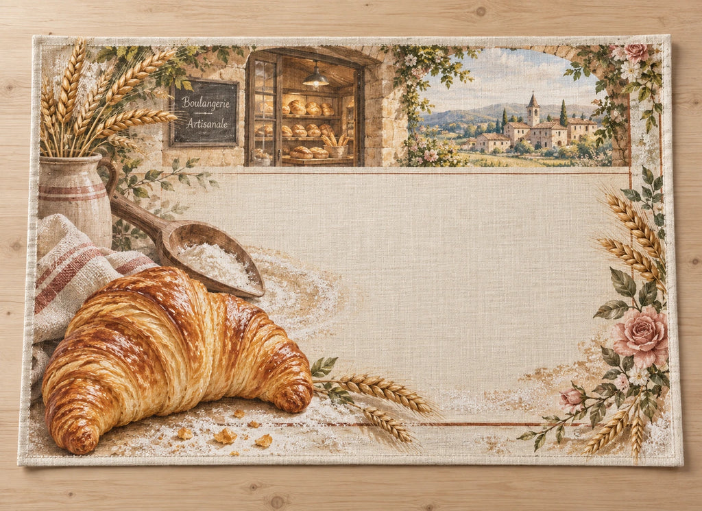 Croissant Bakery Placemat with flat printed dimensional bakery artwork