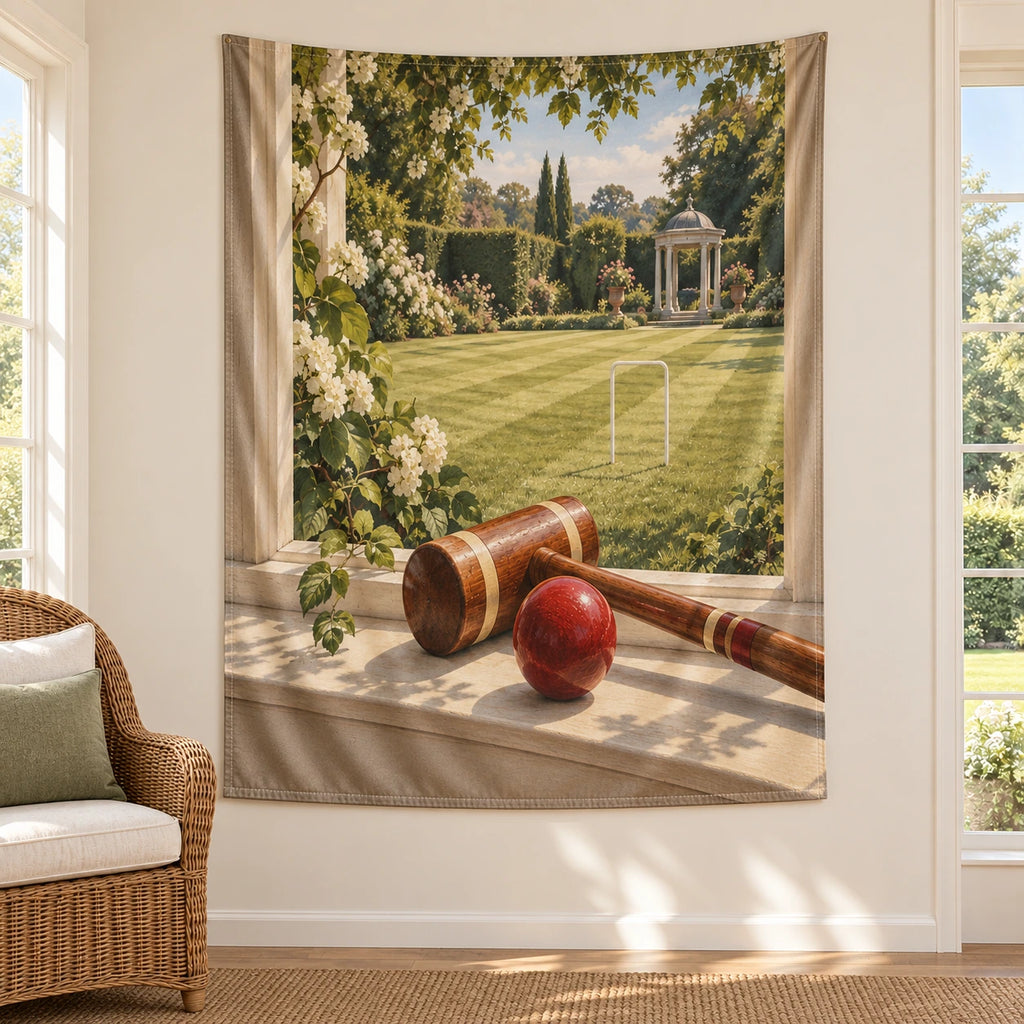 Croquet Garden Lawn Wall Tapestry with original printed optical 3D artwork