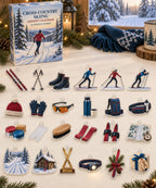 Cross-Country Skiing advent calendar with 24 custom-shaped flat acrylic charms and printed dimensional artwork