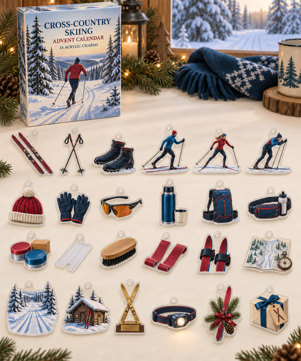Cross-Country Skiing advent calendar with 24 custom-shaped flat acrylic charms and printed dimensional artwork
