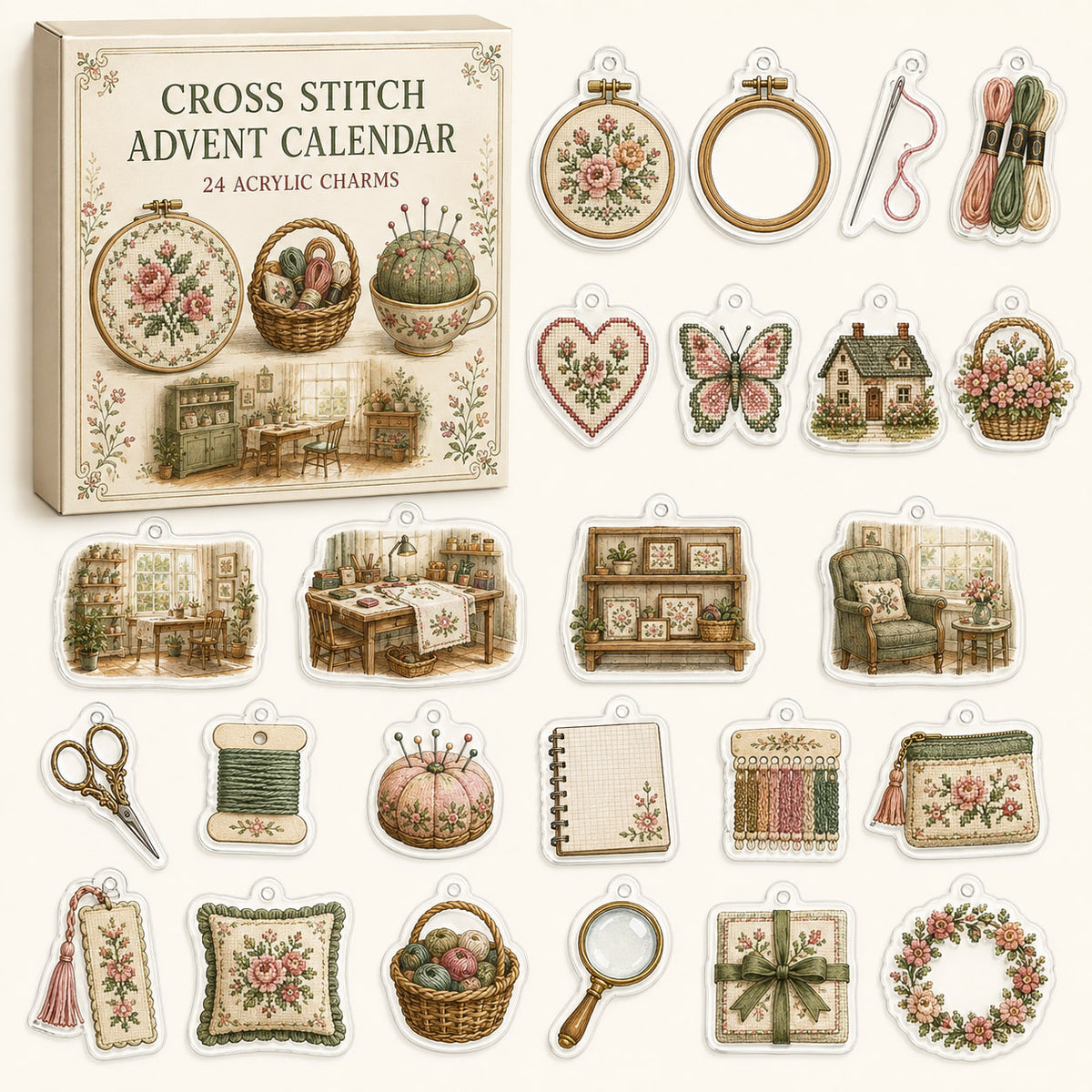 Cross Stitch advent calendar box and24 printed acrylic craft charms