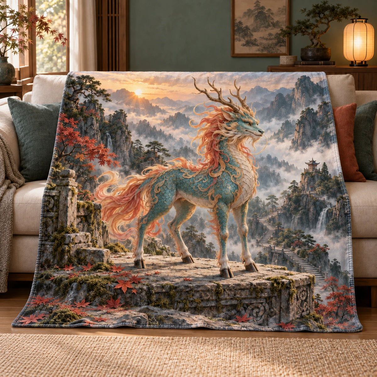 Teal and coral qilin above a deep mountain sanctuary printed on fleece.