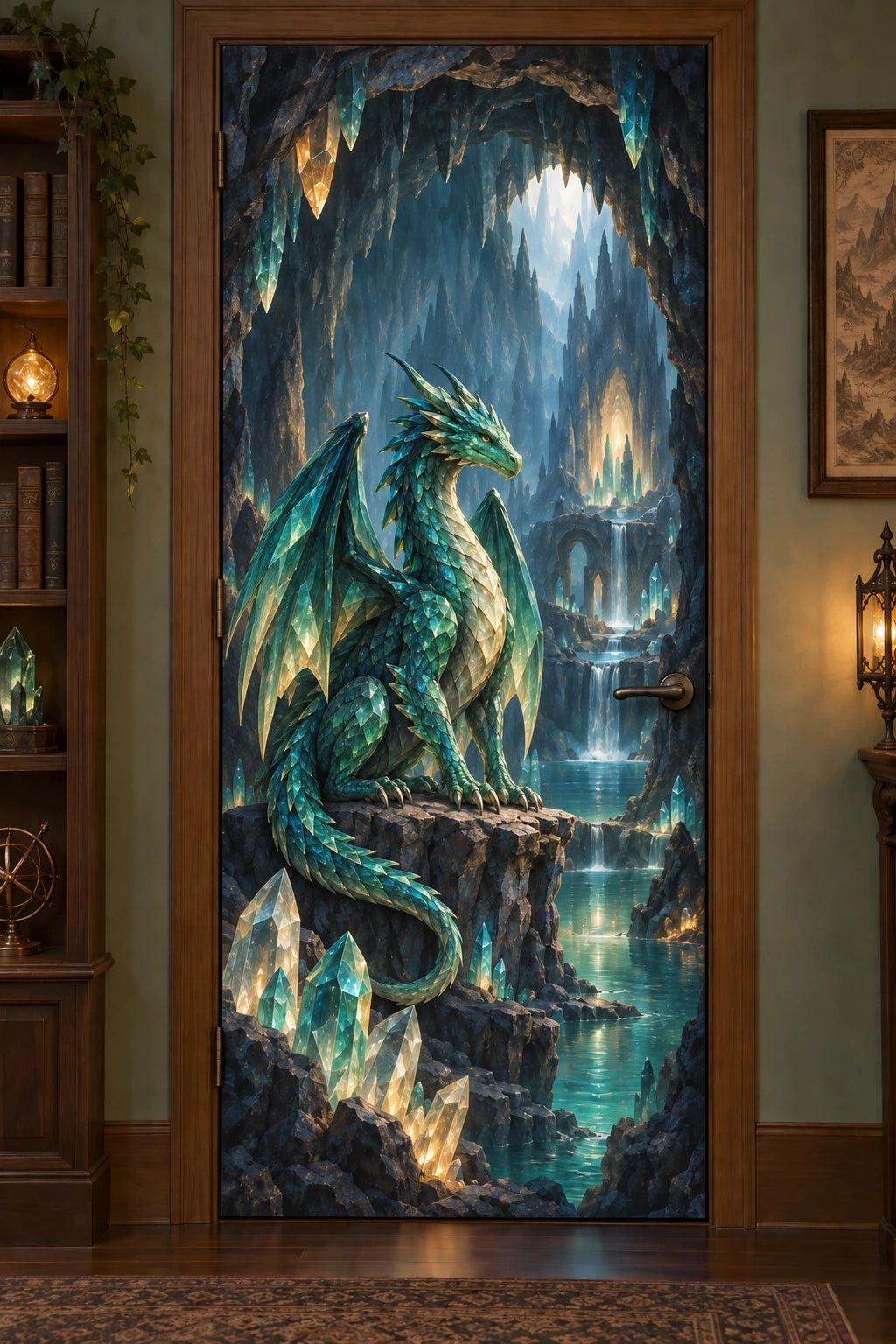 Crystal Dragon Cavern Fabric Door Cover with flat printed crystal dragon and receding cavern depth