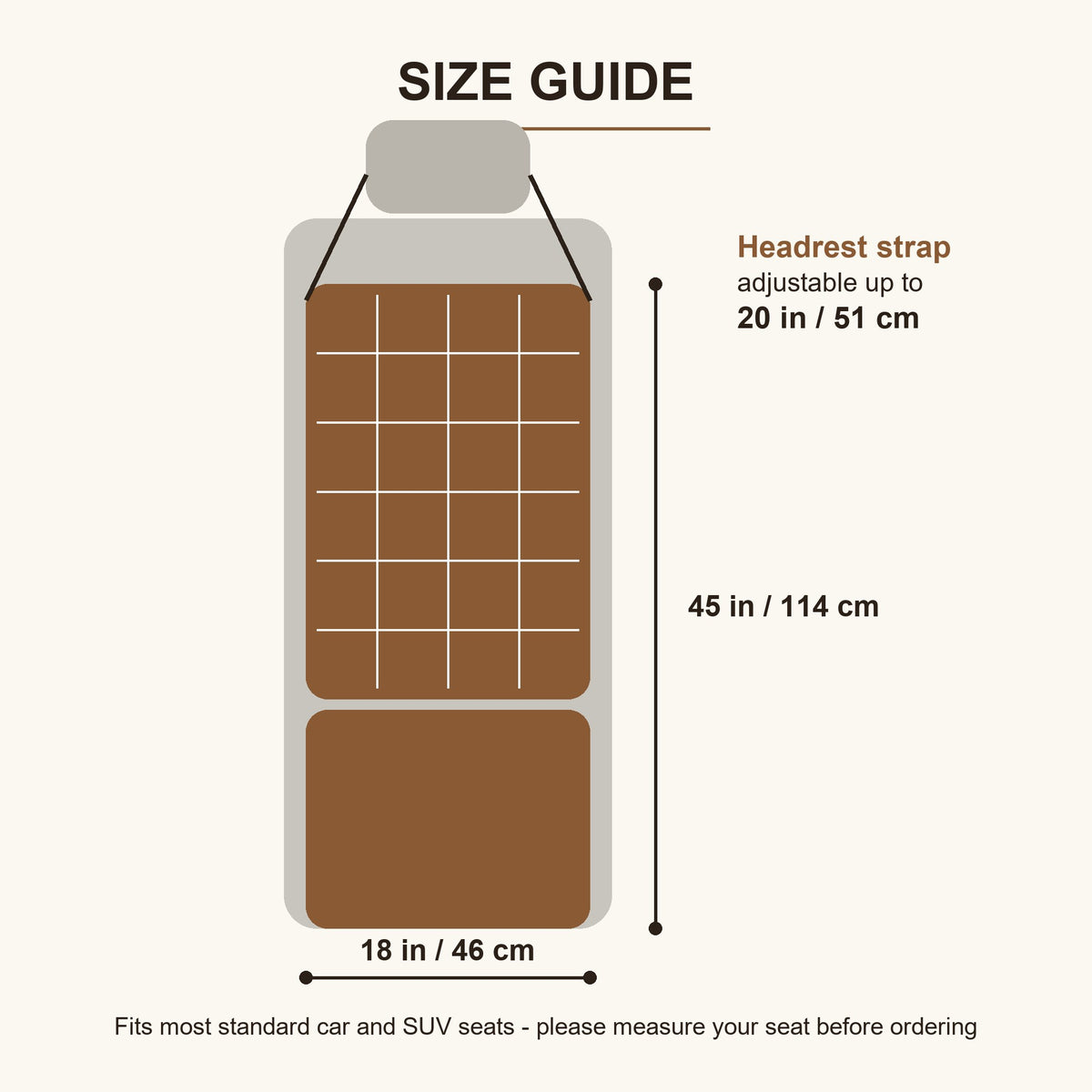 Size guide: 45 x 18 inch car seat protector with 20 inch adjustable headrest strap
