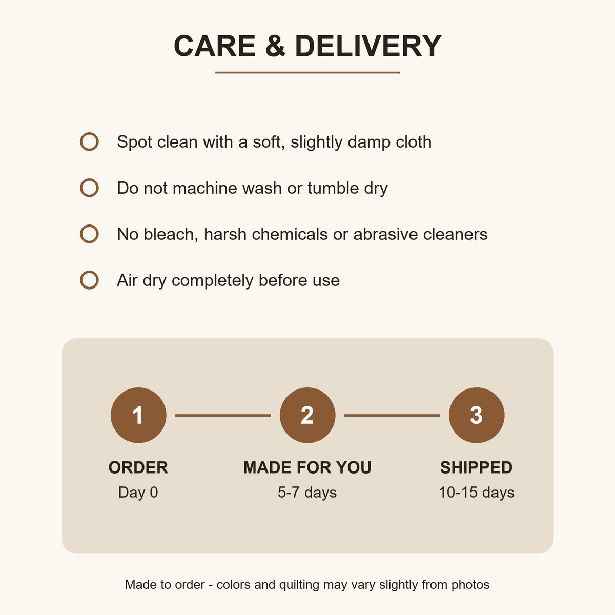 Care and delivery: spot clean only, made to order in 5-7 days, ships in 10-15 days