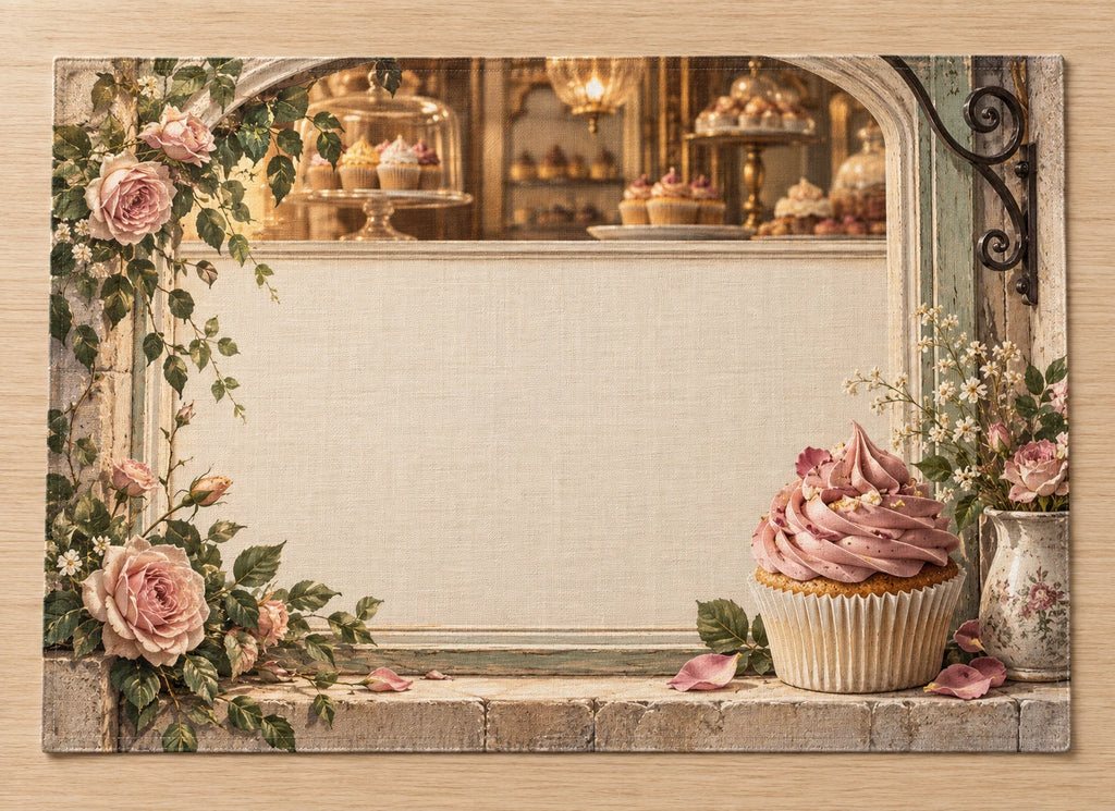 Cupcake Bakery Window Placemat with flat printed dimensional bakery artwork