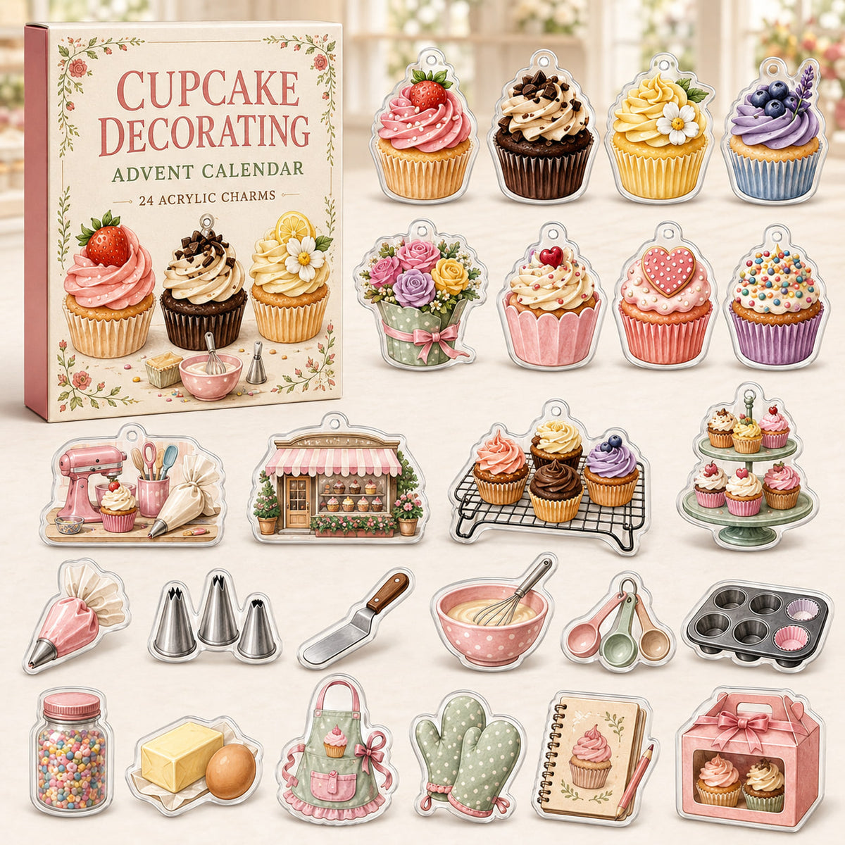 Cupcake Decorating advent calendar box with 24 decorative printed acrylic charms, not food