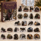 Curly-Coated Retriever advent calendar box and 24 illustrated acrylic charms displayed on an ivory tabletop in a winter setting