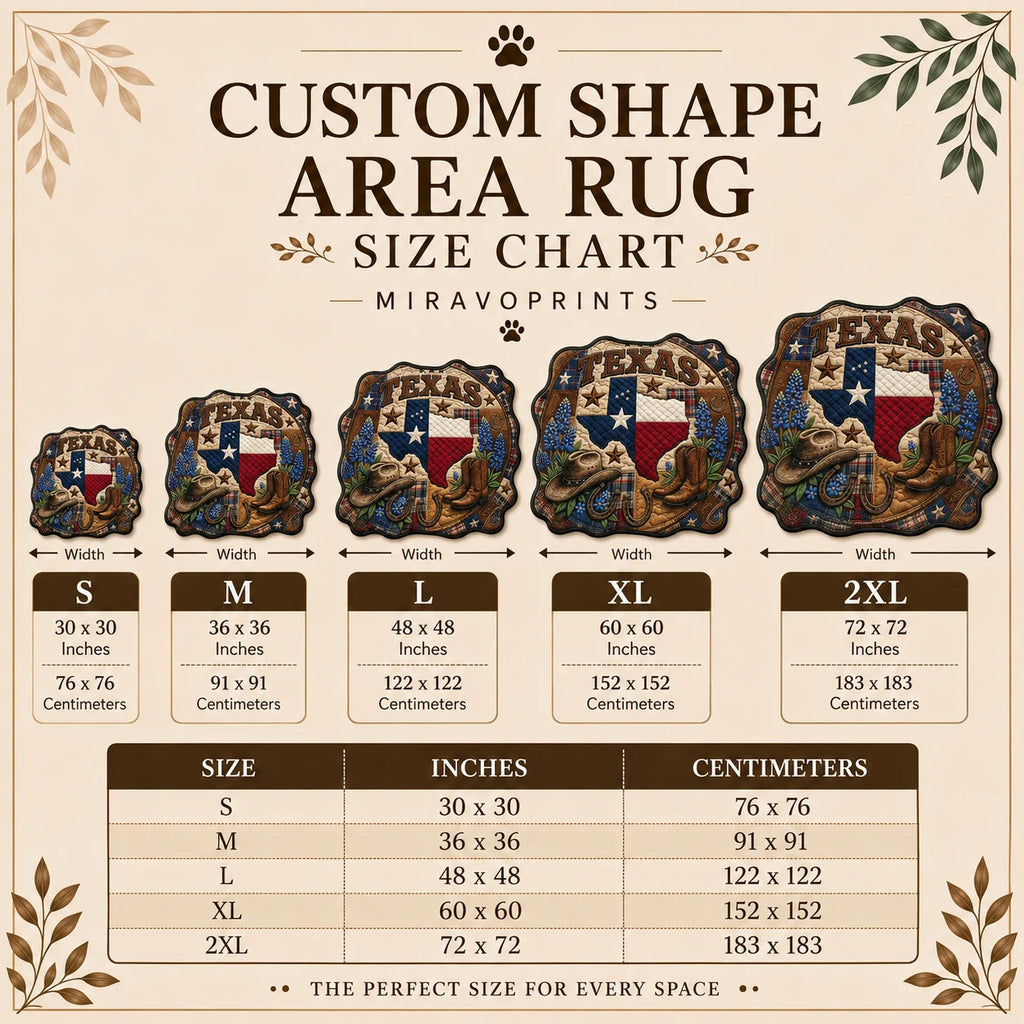 MiravoPrints custom shape area rug product information, reference card 3; example artwork may differ