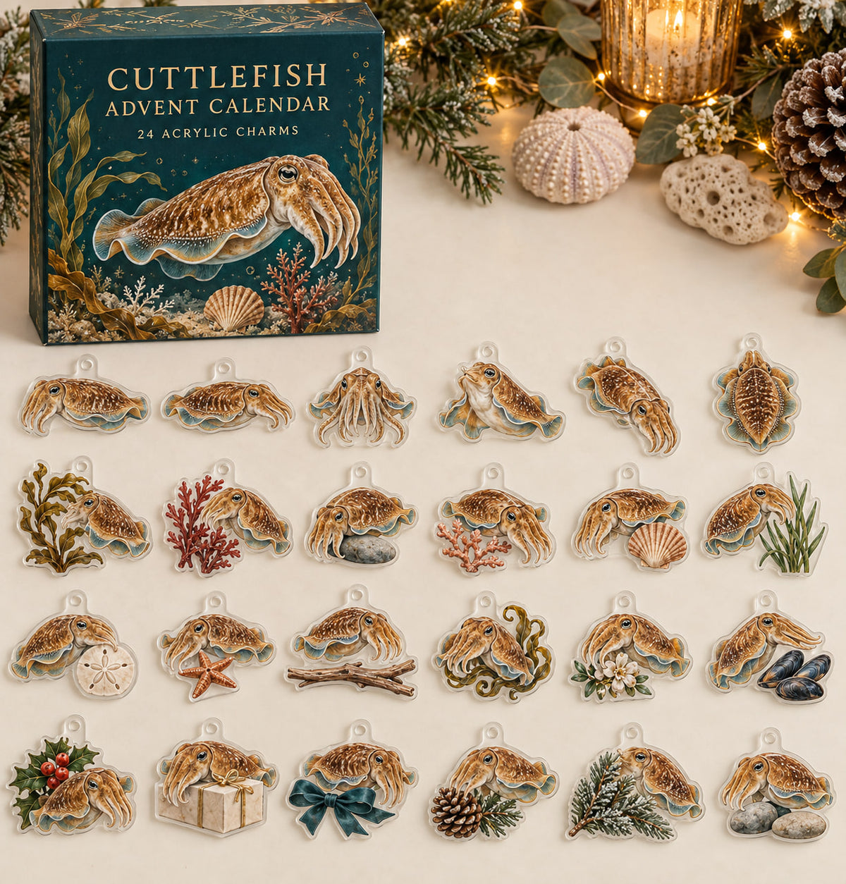 Cuttlefish advent calendar with 24 custom-shaped flat acrylic charms and printed dimensional artwork