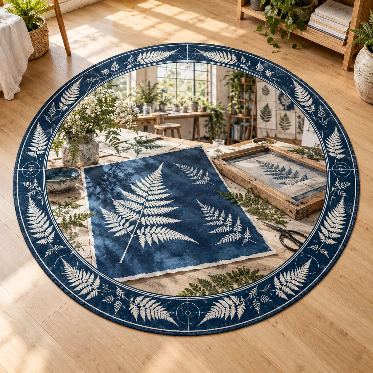 Cyanotype Printing printed 3D round mat rug with coordinated hobby setting