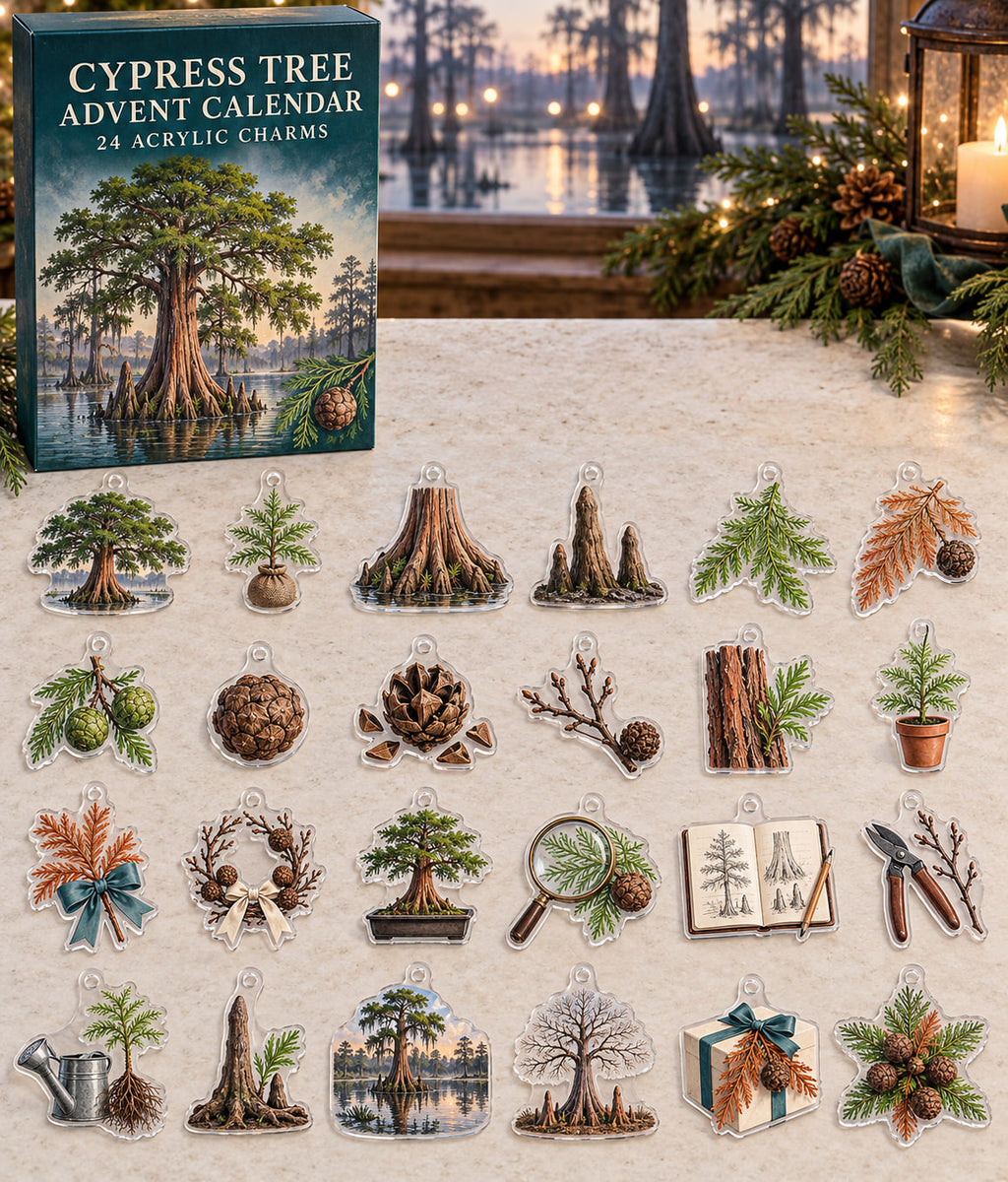 Cypress Tree advent calendar with 24 custom-shaped flat acrylic charms and printed dimensional artwork