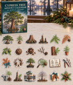 Cypress Tree advent calendar with 24 custom-shaped flat acrylic charms and printed dimensional artwork