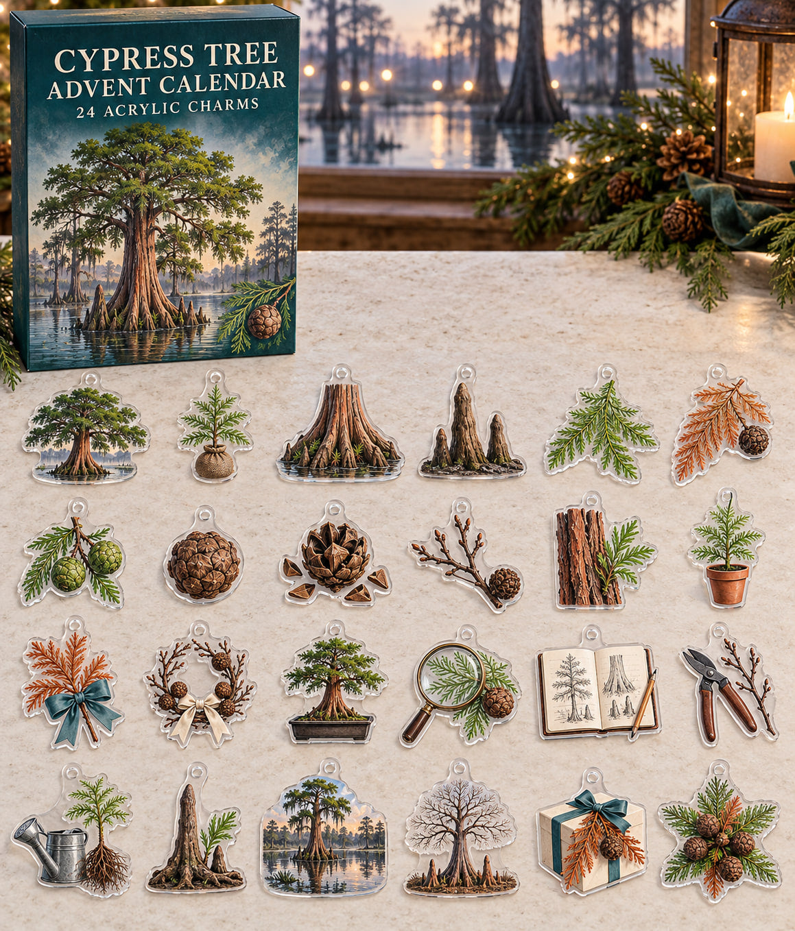 Cypress Tree advent calendar with 24 custom-shaped flat acrylic charms and printed dimensional artwork