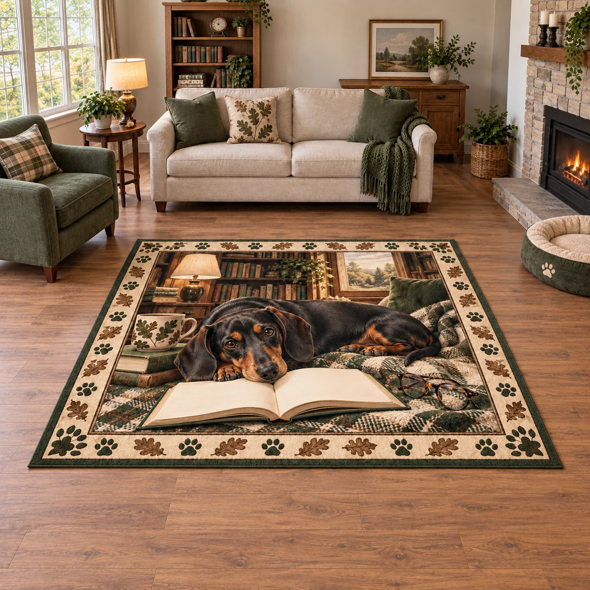 Revised full rectangle with all four corners visible; resting dachshund, open book and glasses framed by paw prints and oak leaves.