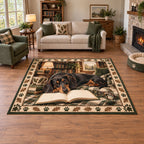 Revised full rectangle with all four corners visible; resting dachshund, open book and glasses framed by paw prints and oak leaves.