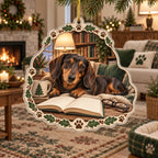 Full acrylic ornament with supported gold cord; dachshund, blank book and glasses inside a cream paw-and-leaf border.