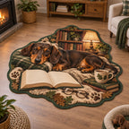 Full custom outline with dark green binding, long-bodied dachshund, blank book, glasses and cozy reading-room scene.